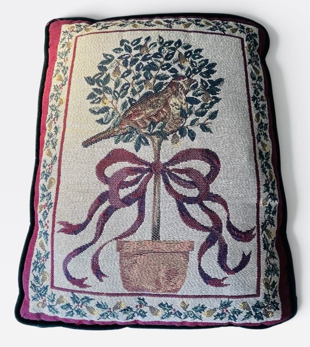 Vintage Christmas Tapestry Throw Pillow Partridge In Pear Tree Holiday 12” x 15”